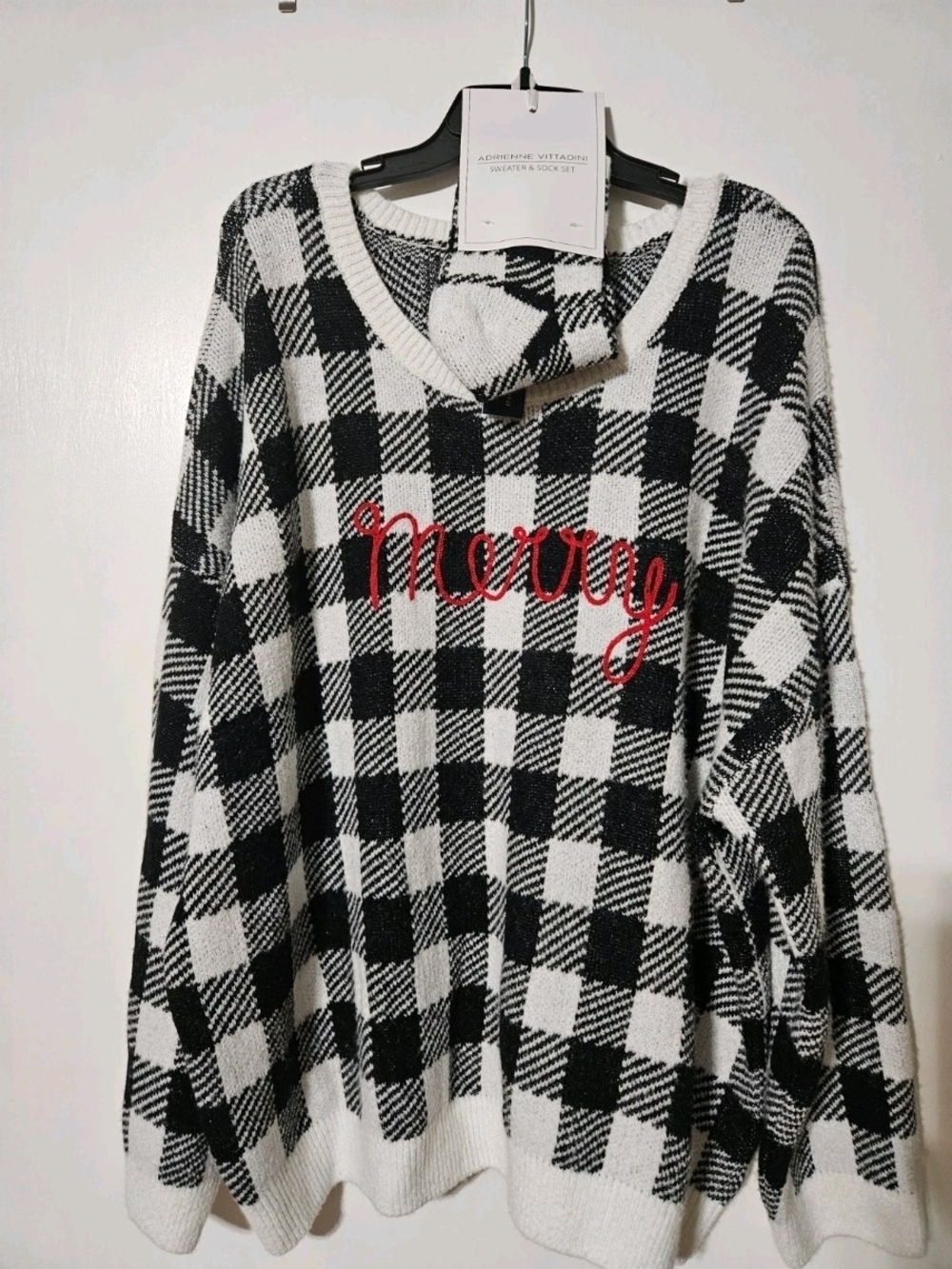 Women’s Black & White Buffalo Check 'Merry' Knit Sweater With Matching Socks